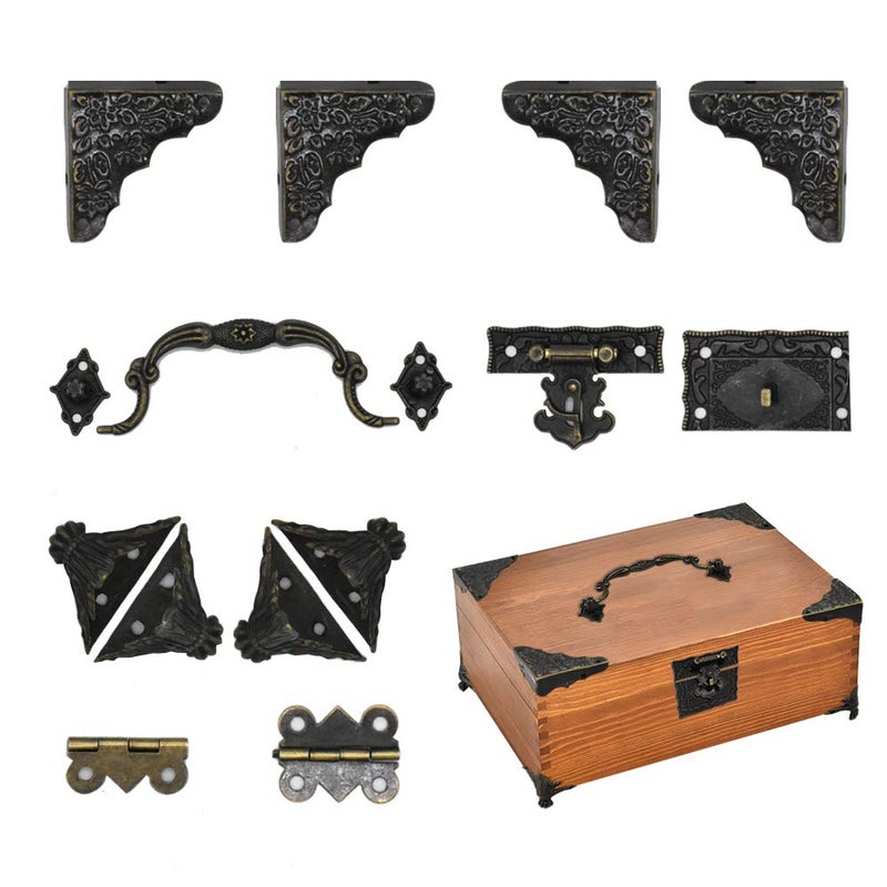 NIANNIAN Antique Jewelry Box Lock Latch Hasp Hinges Handle Corner Protectors Kit for DIY Bronze Tone 2 Sets 24Pcs - Image 1